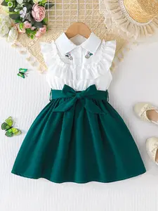 White Green Little Girl Dress, 2-7Y Toddler Kids Sleeveless Outfit, Embroidery Decor, Vintage School Style for Daily Wear