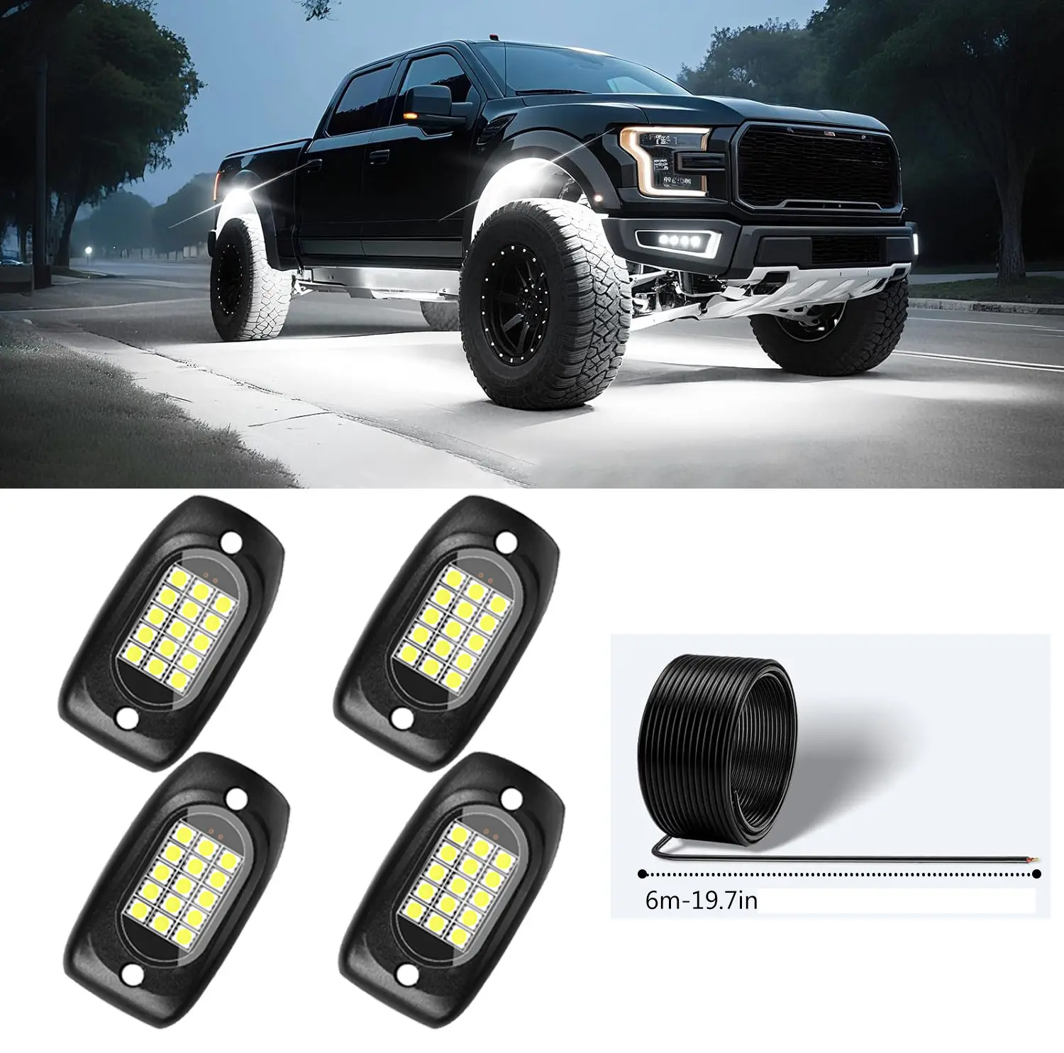 4PCS Ultra Bright LEDs Underglow Car Rock Lights Kit - Hardwired DIY Accessory with 2-Core 6m/19.68ft Extension Wire, Easy-Install Underbody Light for Cars, Trucks, Jeeps, SUVs