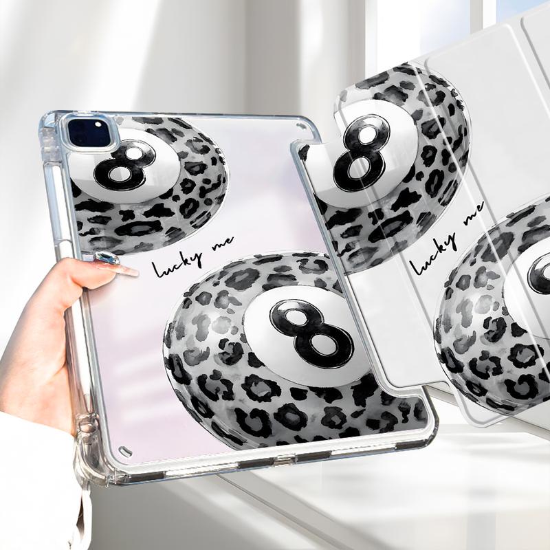 Trendy Leopard 8 Ball  iPad Case, Tri-Fold Stand Case for iPad, "Lucky Me" Aesthetic Transparent Acrylic Hard Back, Pencil and Charger Slots, Tablet Casing, Tablet Cover for iPad 10.2inch, Mini, Pro, Air, Ideal for Work and School