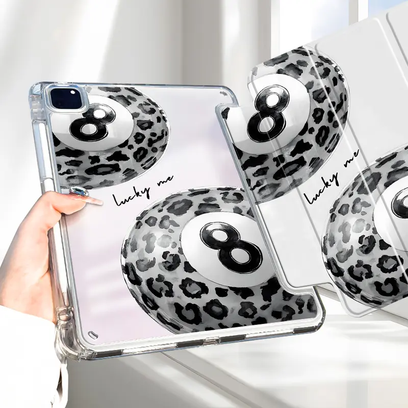 Trendy Leopard 8 Ball  iPad Case, Tri-Fold Stand Case for iPad, "Lucky Me" Aesthetic Transparent Acrylic Hard Back, Pencil and Charger Slots, Tablet Casing, Tablet Cover for iPad 10.2inch, Mini, Pro, Air, Ideal for Work and School