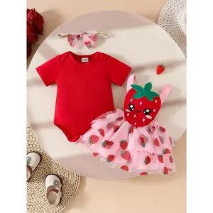 [Skirt Length: from Waist to Hem]3pcs of Cute Short-Sleeved Tops Strawberry Tulle Suspender Double-Layer Cake Skirt Set Summer Baby Girl Onesie + Suspender Skirt + Hair Tie, for Outdoor