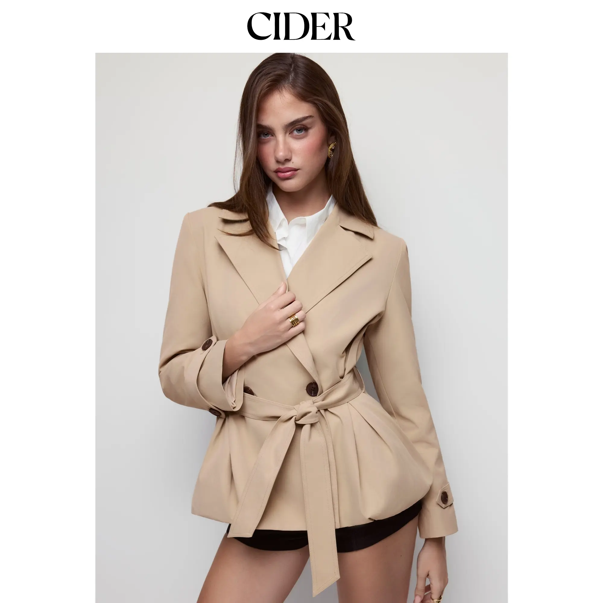 Cider Notched Collar Double Breasted Bubble Hem Trench Coat With Belt