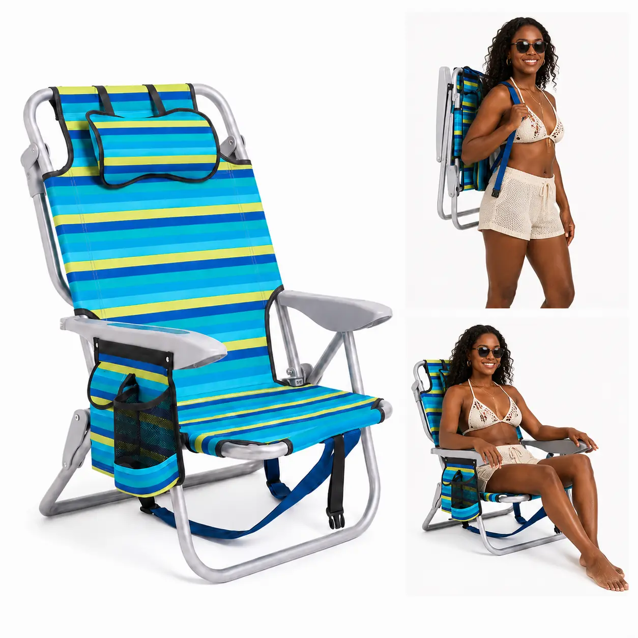 Portable Folding Backpack Beach Chair with 5-Position Adjustable Reclining Backrest, Shoulder Strap & Carry Handle, Low Beach Chair with Cup Holder & Storage Pocket for Beach, Camping, Outdoor Relaxing