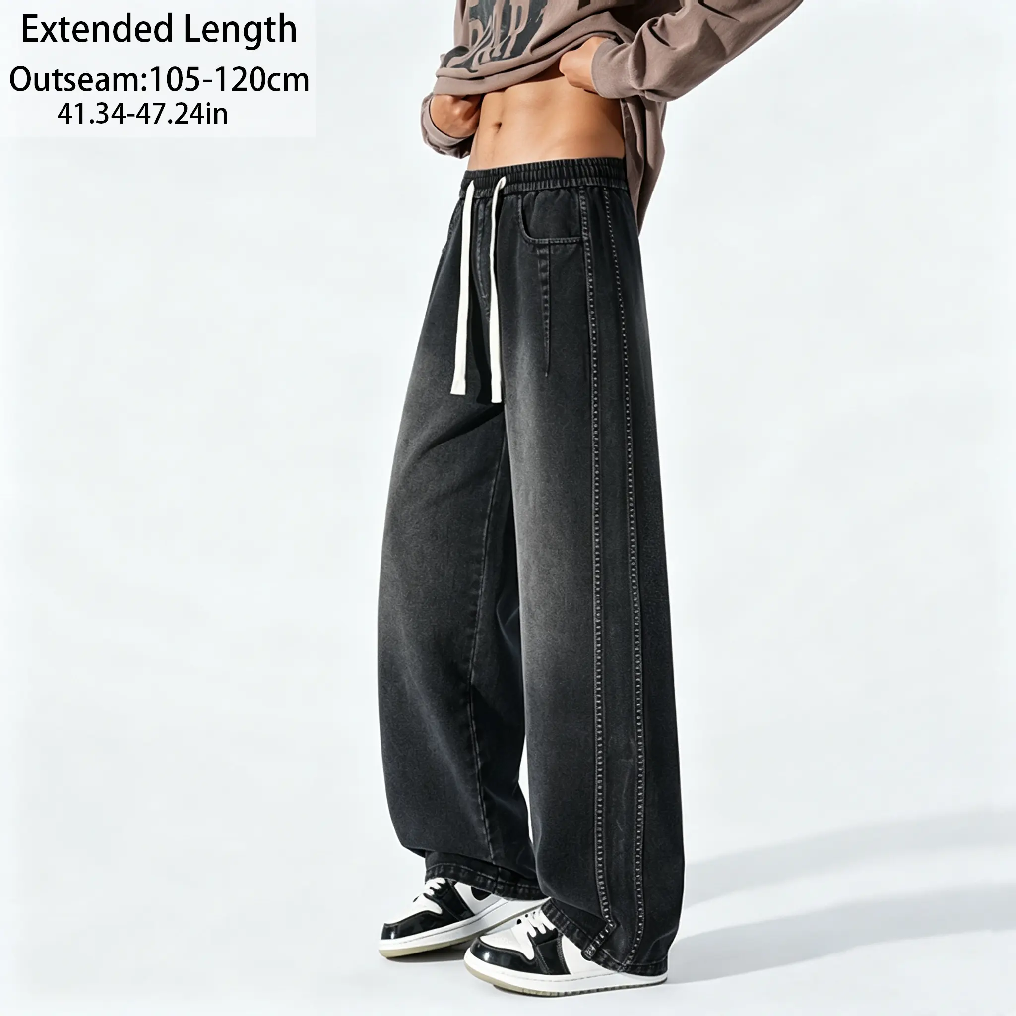 Men's Oversized Loose Fit Extra Long Straight Leg Washed Denim Pants - Menswear, Elastic Drawstring Waist, 105-120cm Extended Length, Plain Opaque Casual Wear Below Ankle Streetwear Trousers for Tall Men, Extended Sizes