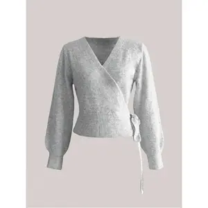 2025 Autumn/Winter Wrap Tie Knit Sweater, White, Women's Essential For Home, Commute, Date, Travel, Suitable For Various Occasions, Light Gray