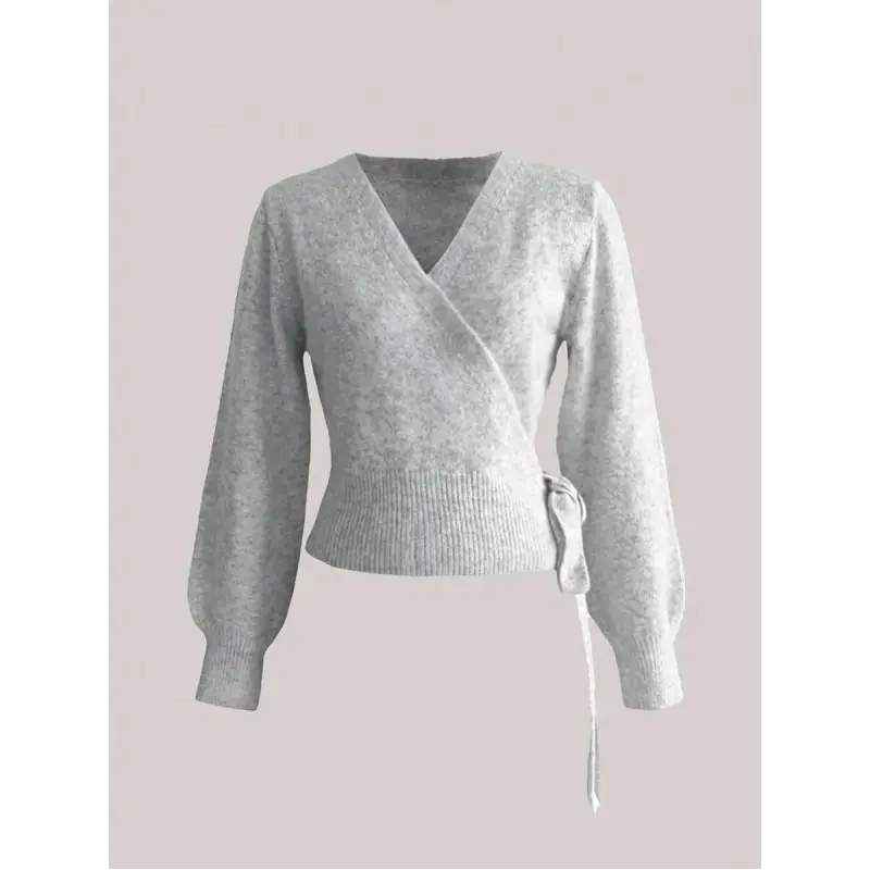 2025 Autumn/Winter Wrap Tie Knit Sweater, White, Women's Essential For Home, Commute, Date, Travel, Suitable For Various Occasions, Light Gray