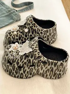 Summer Vintage Leopard Print Holey Shoes for Women, Eva Thick Sole Heel Boosters, Comfortable Casual Fashion Sandals for Beach and Garden