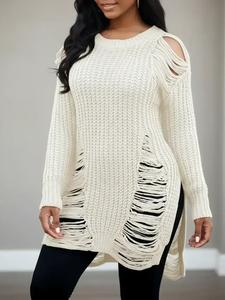 women's plain ripped split hem drop shoulder sweater, casual street fashion long sleeve round neck jumper for daily outdoor wear, sweaters for women, women knitwear for fall & winter
