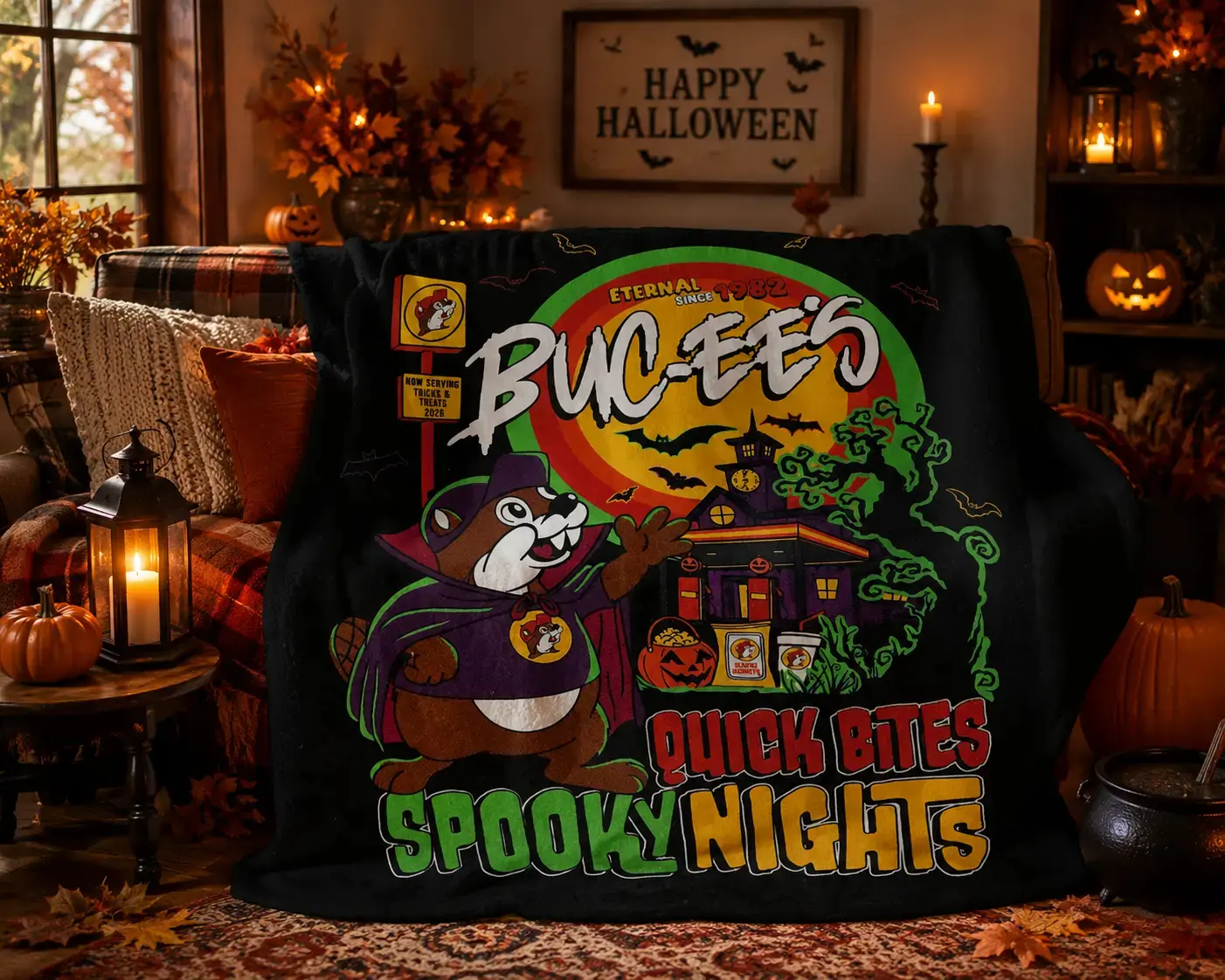 Buc-ee’s “Fast Food & Horror Night” Retro Limited-Edition Ultra-Soft Halloween Wool Blanket, Cozy Bedding Throw for Home Decor