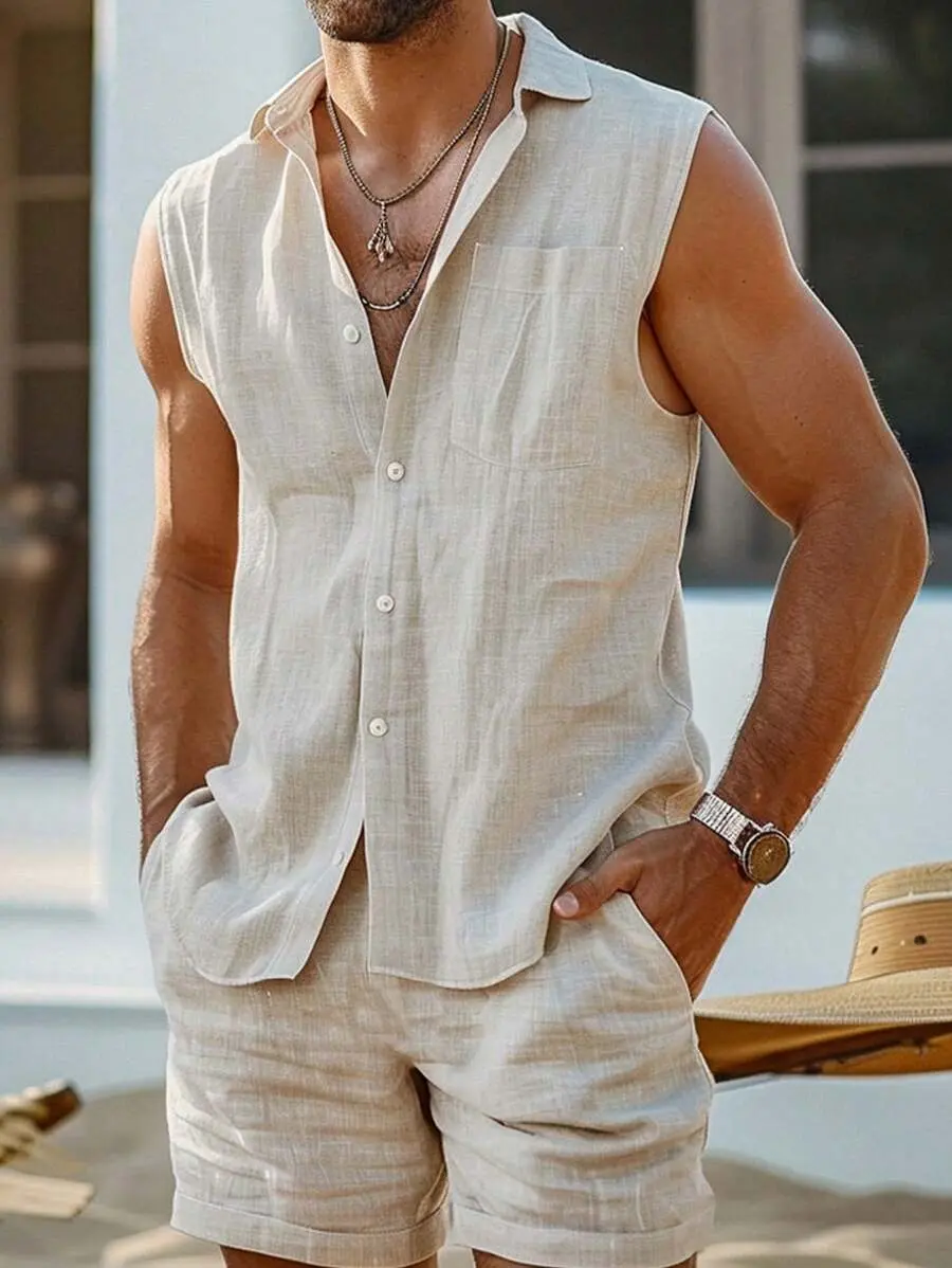 Manfinity Dauomo 2pcs Men Linen Outfit Set, Drawstring Backless Vest Top And Shorts, Hippie Beach Style