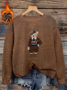 Vintage Style Teddy Bear Print Top, Retro Comfortable Casual Everyday Wear, Fitted Design for Fall & Winter, Perfect for Work and Leisure