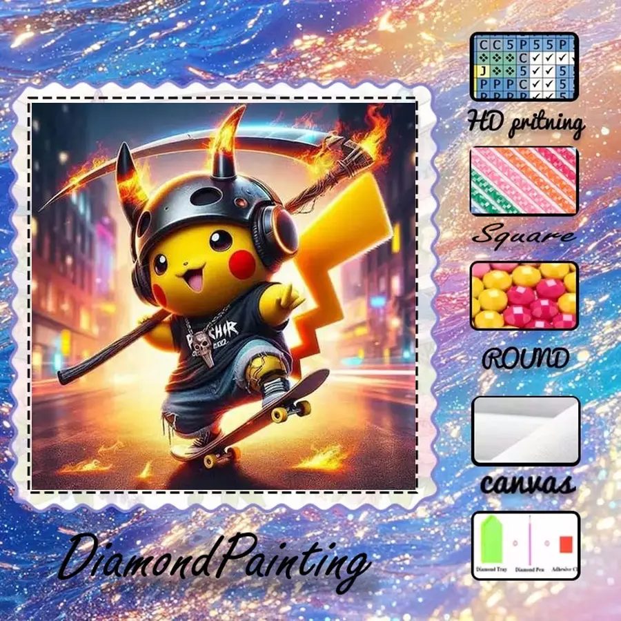 5D-DIY, Handicraft, velvet canvas, diamond art, diamond painting, skateboard Pikachu AB diamonds, fairy dust diamonds, crystal diamonds, perfect home decor, handmade diamond art painting kit