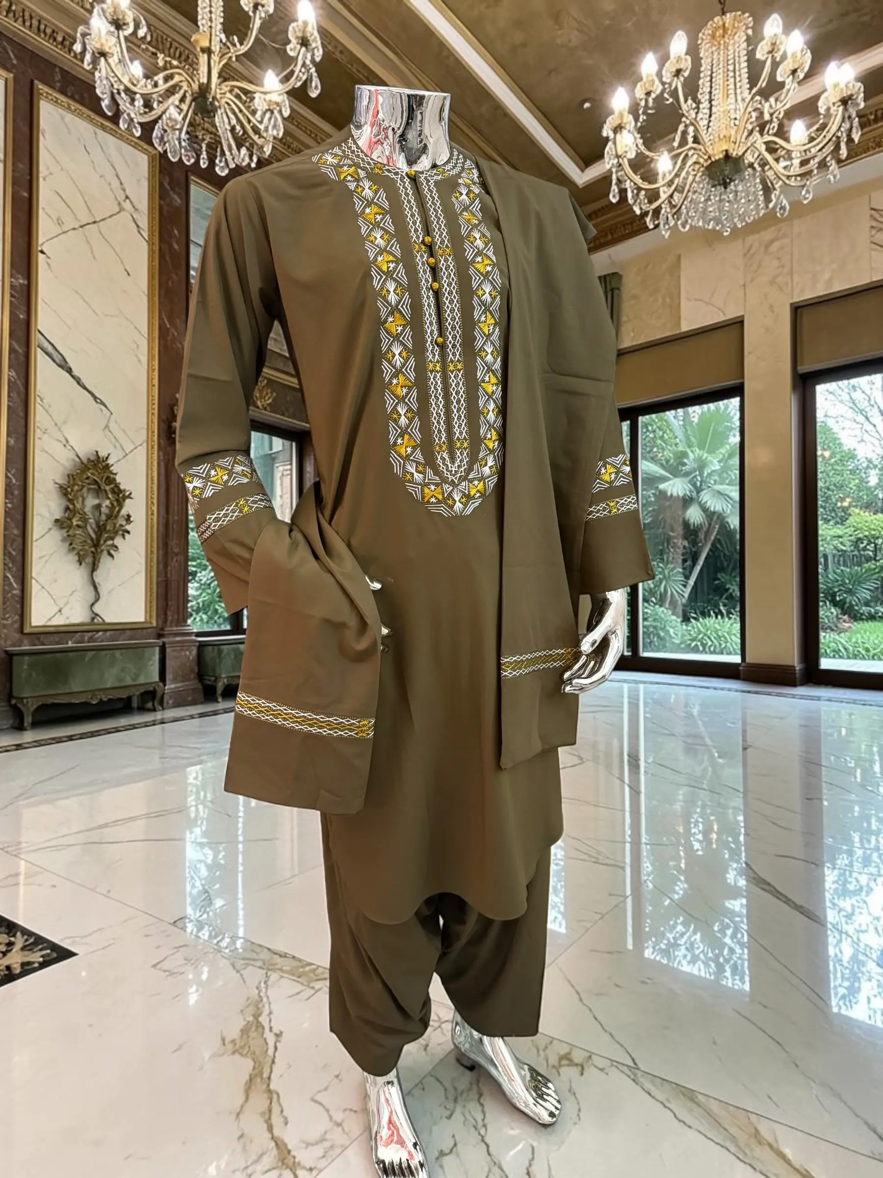 Small Olive Green Afghan Parahan Tunban Set with Traditional Hand Embroidery & Matching Scarf