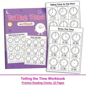 Elementary Time Practice Book, 32 Pages Math Learning Workbook with Colorful Clocks, Numbers & Letters, Home School Classroom Use