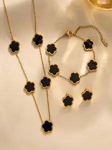 Stainless Steel 18K Gold Plated Jewelry Set(Earrings, Bracelet, Necklace), Floral, Fashionable & Elegant For Casual, Vacation Wear, Waterproof & Fade Resistant