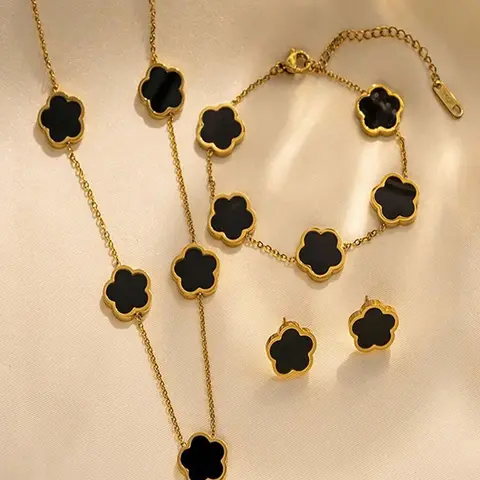 Stainless Steel 18K Gold Plated Jewelry Set(Earrings, Bracelet, Necklace), Floral, Fashionable & Elegant For Casual, Vacation Wear, Waterproof & Fade Resistant, Waterproof Jewelry Sets, Jewellery Gift Set