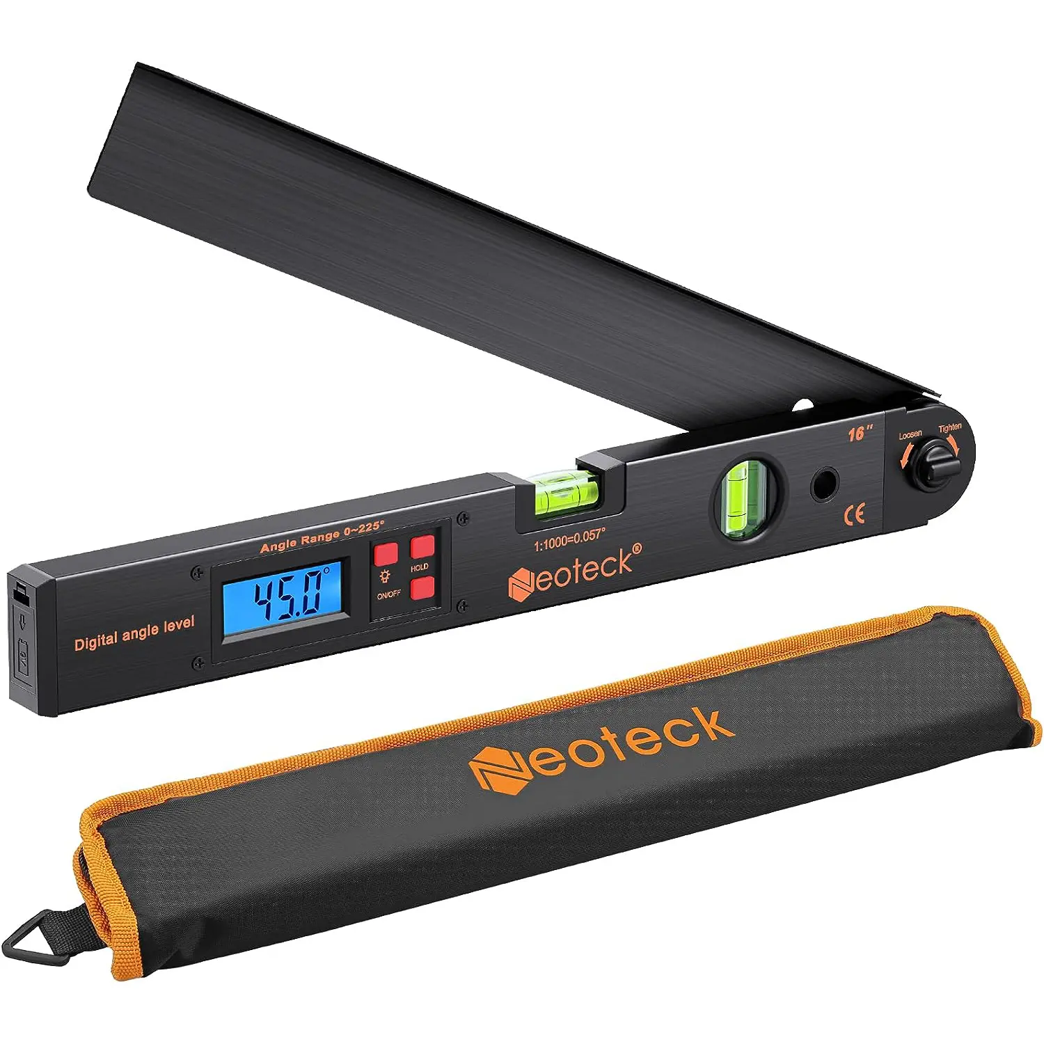 Neoteck Aluminum Digital Angle Finder Protractor 225° 16 inch Backlit LCD Digital with Horizontal and Vertical Bubble - Black