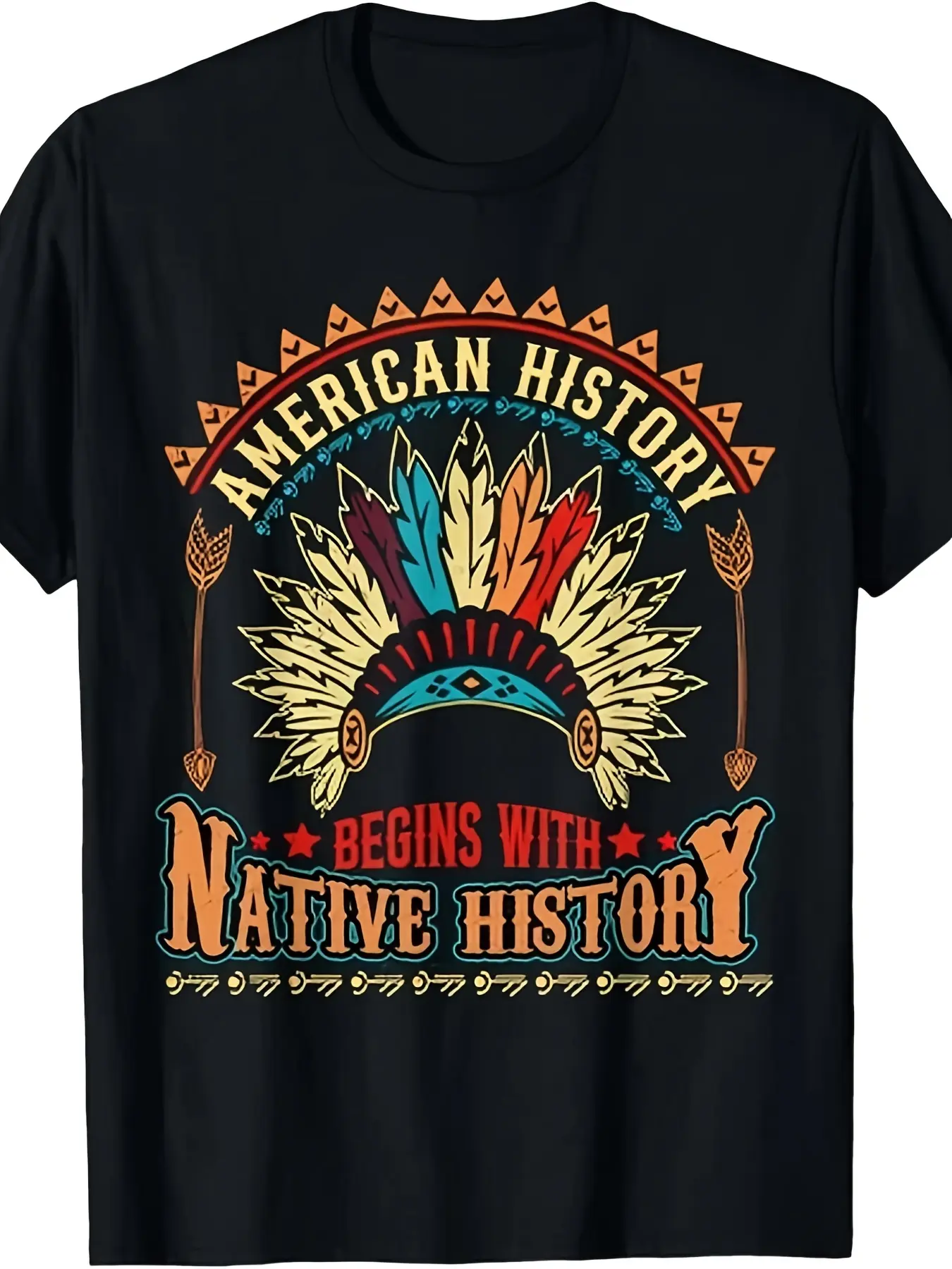 Indigenous Pride T-Shirt - Vintage Native American Graphic Tee with Tribal Headdress Design - Heavyweight 220GSM Cotton Shirt - Black with Multicolor Tribal Patterns - Unisex Adult Casual & Statement Apparel - Educational History Shirt - All-Season Comfor