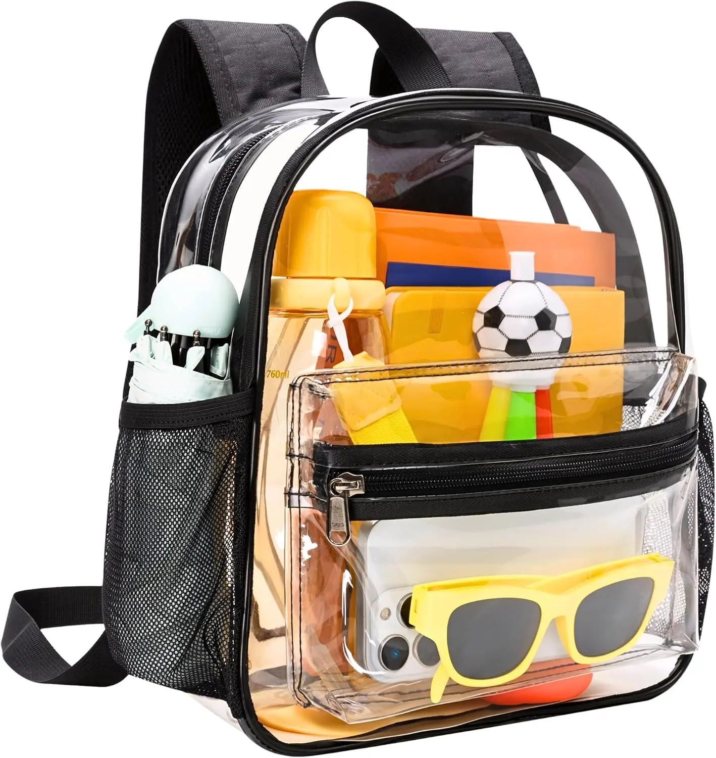 Clear Backpack for Stadium Events, 12x11x6 Inch Transparent PVC Bag with Padded Straps for Concerts, Sports & Festivals, Black