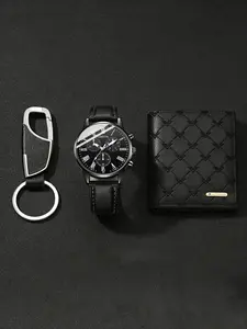 Men's PU Leather Quartz Watch Set with Wallet Keychain, Key Fob, Round Analog Dial, Casual Style, Perfect Gift for Husband, All Seasons