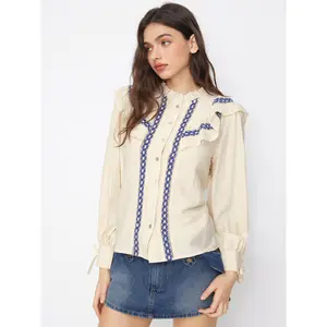 Cider Linen-blend Stand Collar Long Sleeve Embroidery Ruffle Trim Knotted Blouse Dealsforyou