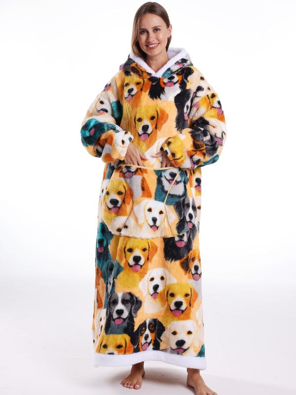 Women's Skull Print Bathrobe, Thick Casual Loungewear with Pockets, Halloween Theme, Fall & Winter, Loose-Fit TV Blanket, Flannel Cozy Blanket