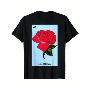 La Rosa Mexican Loteria Card Inspired T-Shirt - Men's Casual Cotton Tee with Vibrant Red Rose Design, Black Background & White Border, Perfect for Parties, Valentine's Day & Casual Attire, Festive Occasion Top | Cultural Fashion T