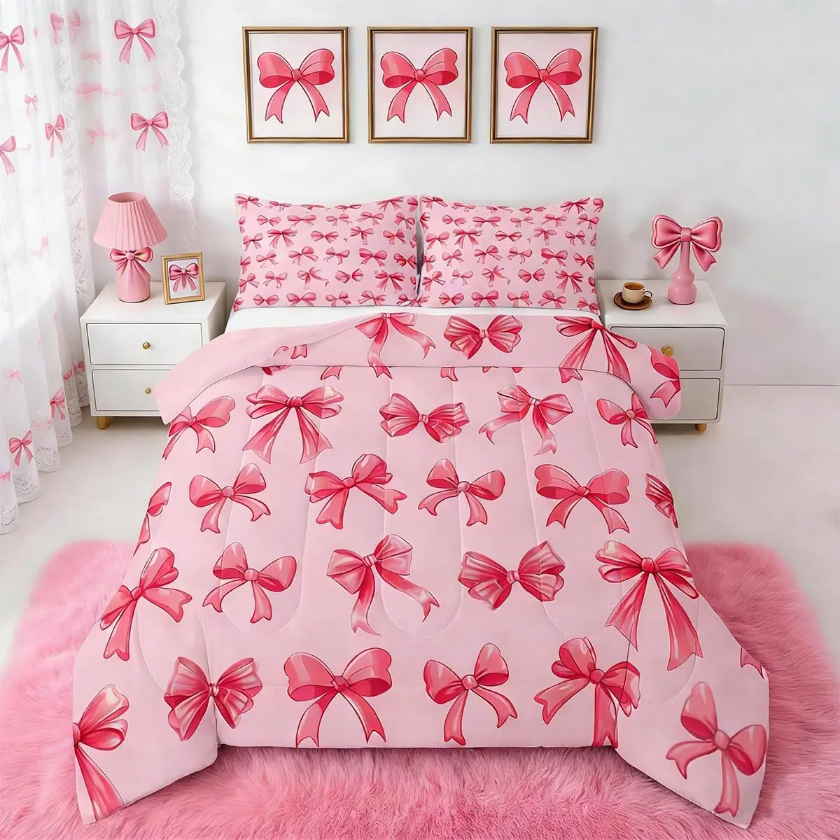 Pink Bow Tie Comforter Set Cute Bowknot Bedding Set Kawaii Pricess Style Duvet Quilt Bedroom Decor Microfiber 1