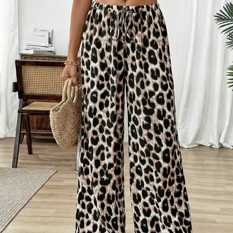 Viral Leopard Print Wide Leg Pants, High Waist Flowy Summer Trousers, Casual Trousers, Boho Fashion Trousers, Boho Style, Y2K Aesthetic Streetwear & Vacation Bottoms, Comfy Loose Fit Lounge Pants, Lightweight Breathable Fabric, for Beach, Daily Wear