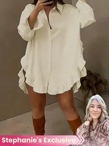 【Stephanie Exclusive】Casual Long Sleeve Ruffle Shirt, Loose-Fitting Button Front Blouse, Plain Design for All Seasons