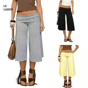 Summer Womens Fold Over Gaucho Pants Culottes Low Rise Capris Foldover Flowy Going Out Flare Bottoms Wide Leg Capri Pants