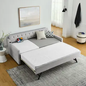 Twin Size Upholstered Daybed with Erectable Twin Trundle Bed, Tufted Sofa Bed with USB Charging Design, Convertible Guest Bed for Living Room Bedroom