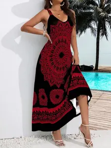 Plus Size Women's Ethnic Print Dress, Sleeveless Boho Style, Fitted Summer Holiday Fashion, Large Size Casual Wear, Casual Bohemian Fashion