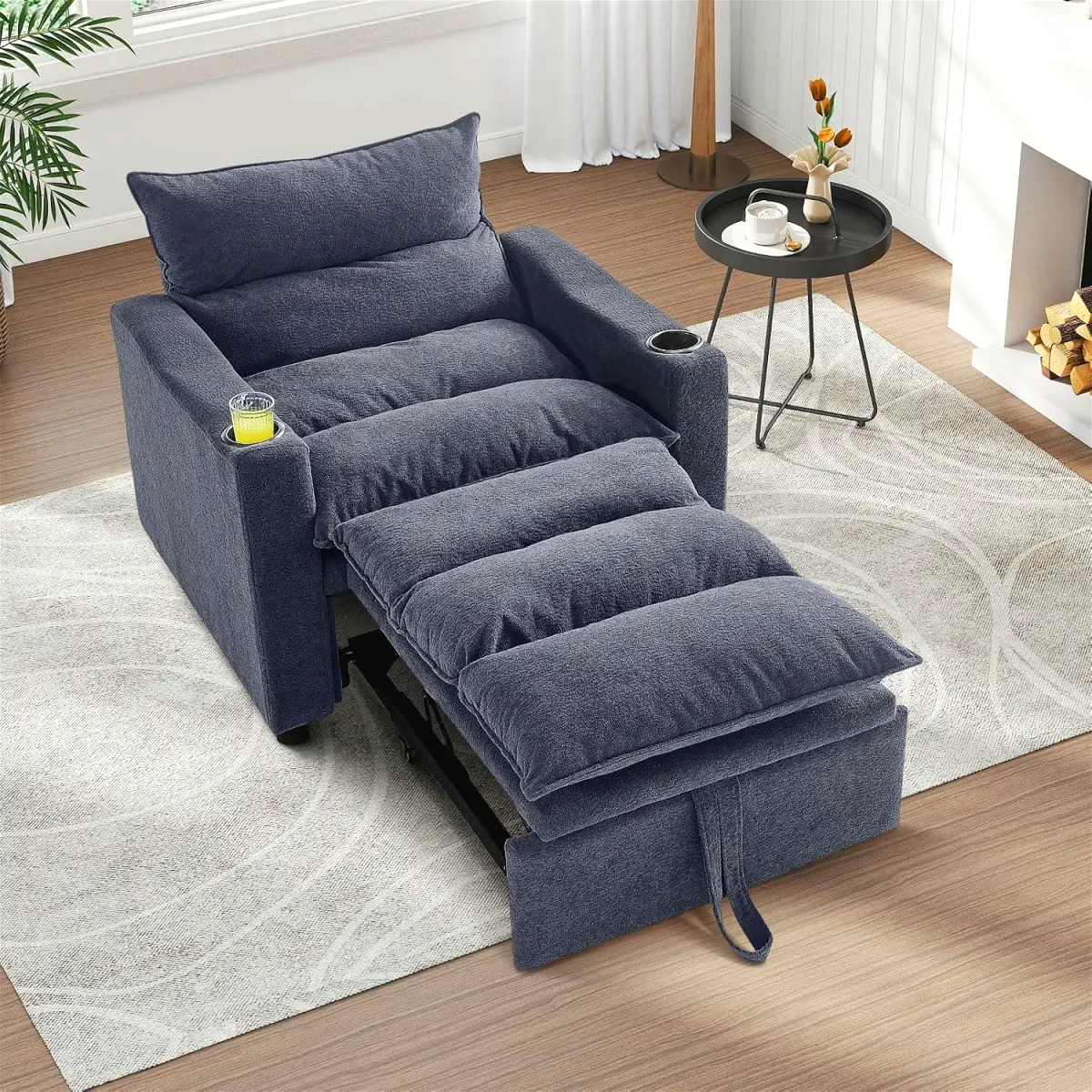 36-in 3-in-1 Convertible Modern Upholstered Futon Sofa Bed Chair - Sturdy Velvet Pull-Out with Armrest, Adjustable Backrest, 2 Built-in Cup Holders, Upholstered Padded Seat, 330lb Capacity, 41x26x17in for Living Room, Guest Room (Entertaining Use), 41 X 2