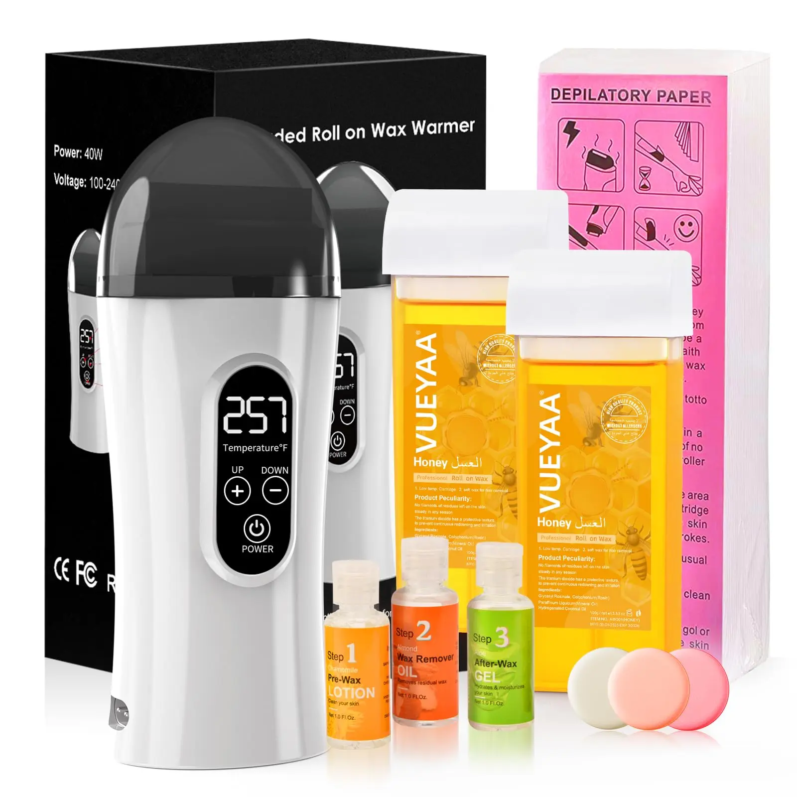 Roll on Wax Warmer Kit for Women, Hair Removal Waxing Kit Honey Wax for Larger Areas, Digital Warmer for Sensitive Skin, Great Gift Gentle Body Care