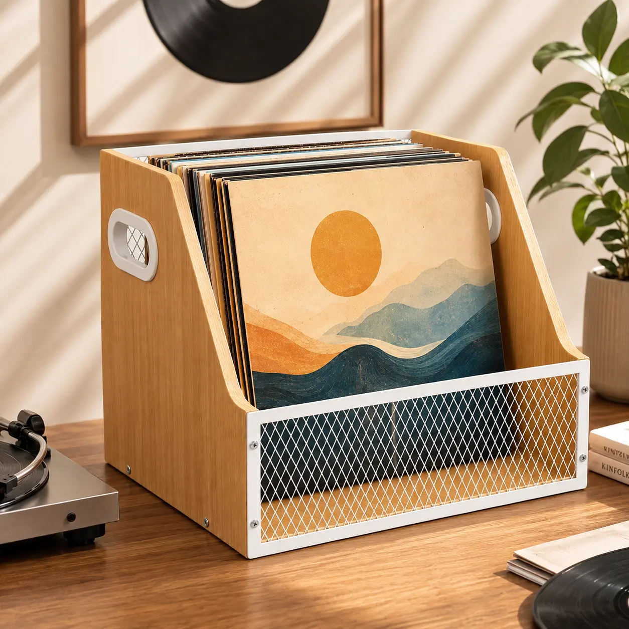 Natural Wood Vinyl Record Storage Crate - Solid Wood Sides & Base, White Iron Mesh Panel, Multi-Purpose Desktop Organizer with Carrying Handles, LP Album Holder for Music Collectors & Household Tidying