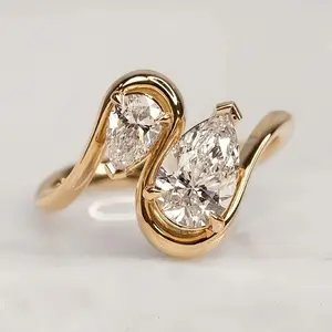 1pc Elegant Gold Plated CZ Diamond Teardrop Alloy Ring for Women, Romantic Luxury Double Teardrop Design, Engagement and Anniversary Jewelry Gift