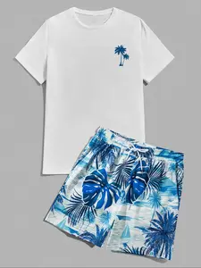 Two-Piece Set Men's Regular Fit Tropical Coconut Tree Print Round Neck Tee & Shorts Set, Casual Short Sleeve T-shirt & Drawstring Waist Shorts, Men's Summer Clothes for Beach Vacation, Menswear