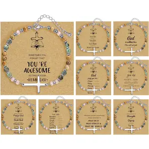 9 count  Bracelets for Women - Christian Inspirational Bracelets Gifts   Stone Beaded Bracelets Set Adjustable Confirmation Baptism Easter  Bracelets