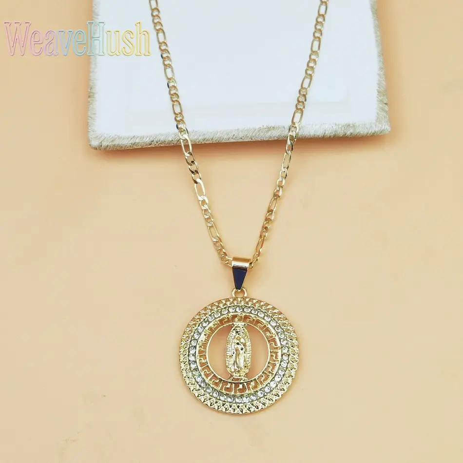 Gold Pendant Necklace for Women, Minimalist Round Virgin Mary Charm with Tiny Diamonds, Elegant Clavicle Chain, Religious Jewelry Gift, Female
