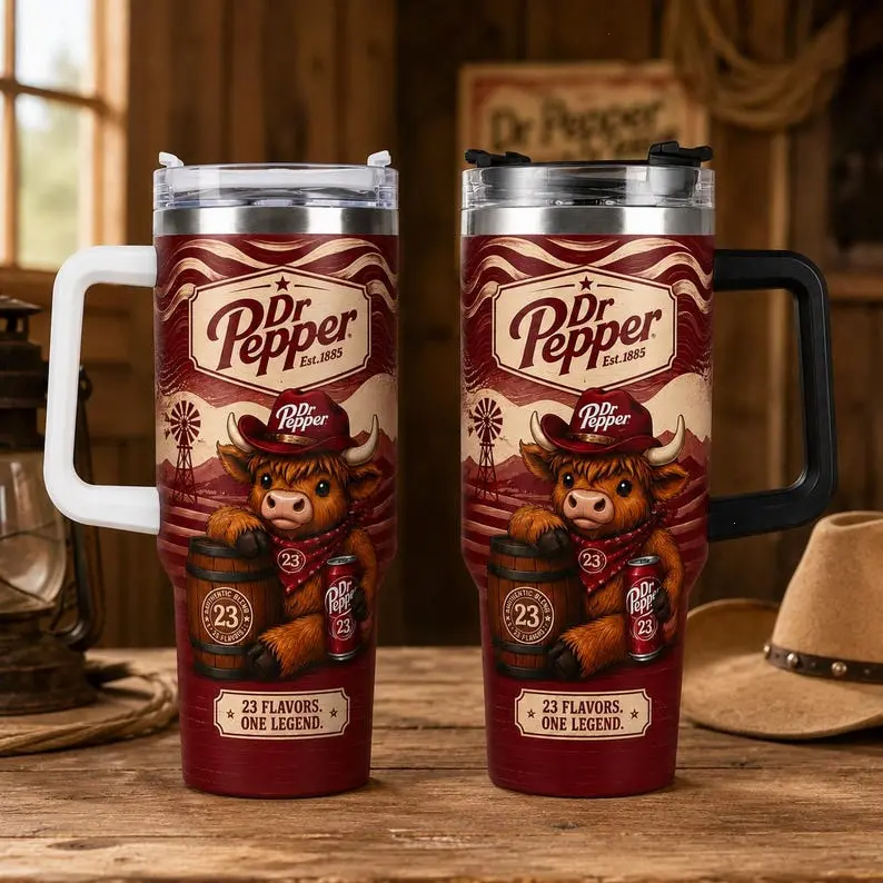 40oz Portable Insulated Highland Cow Dr. Pepper Tumbler with Handle - Stylish Western Retro Soda Lover Water Bottle, Kitchenware Drinkware Insulated Cup