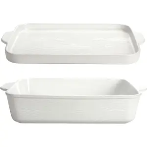 Baking Pans Set - 9x13" Set of 2 Woodland White Bakeware Sets with Casserole Dish for Oven and Serving Dish for Lasagna, Pies, Meatloaf, Hand-Painted Ceramic Casserole Oven Pan
