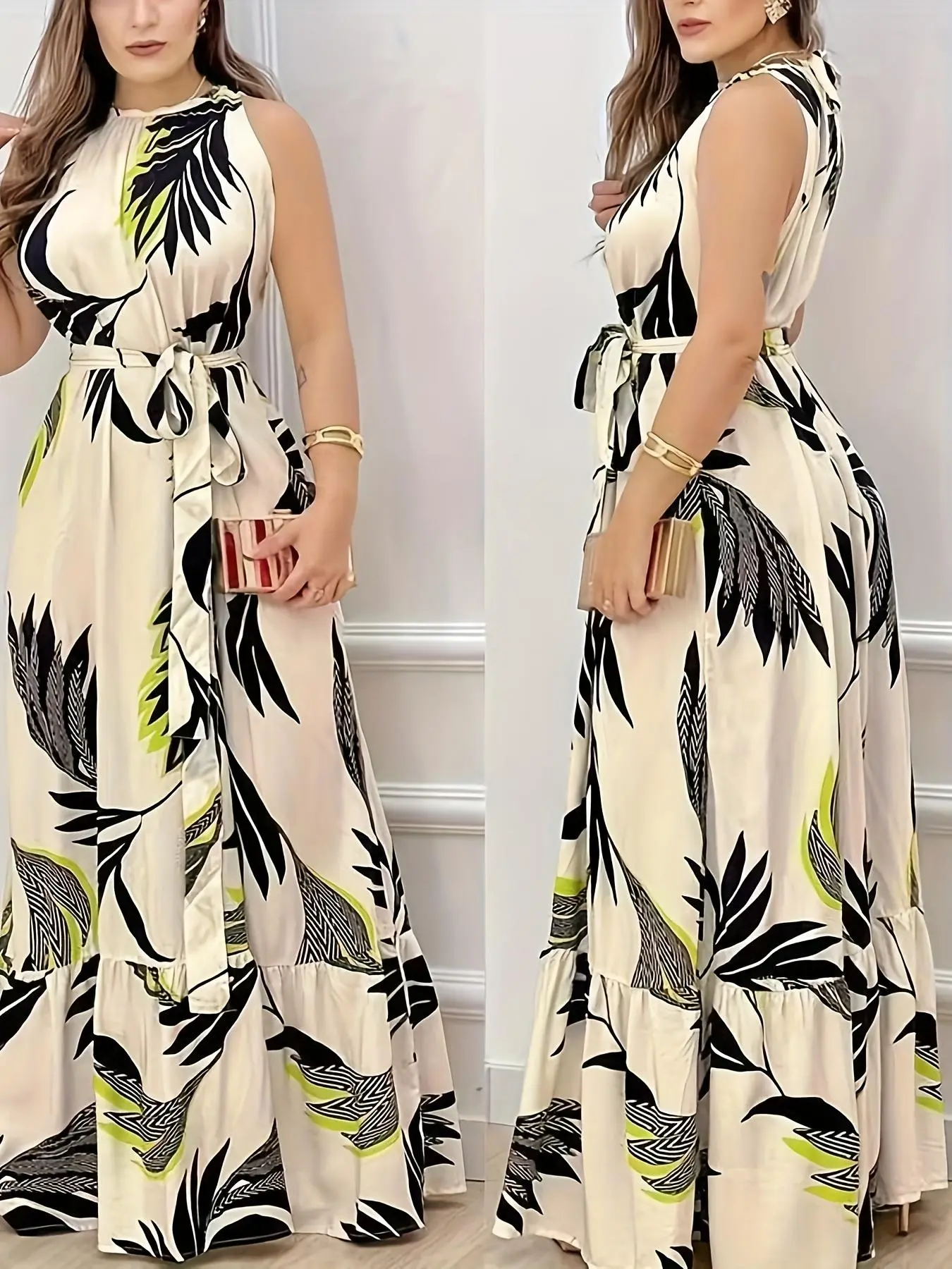 Casual Women's Sleeveless Ruffled Long Woven Dress with Tropical Plant Print, Bohemian Style Ruffle Hem, Summer A-Line Maxi Dress Casual Wear, Boho Chic Dress, Boho Summer Outfit
