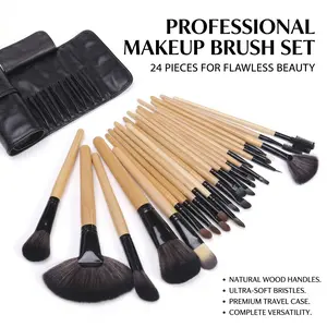 24 Pcs Professional Grade natural wood color Makeup Brushes Set, Large Foundation Powder Contour Concealer eyeshadow Blush EyeLiner Make up Brushes,Premium Synthetic hair,Vegan Cruelty-free