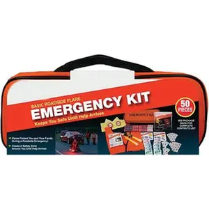 PRO-SAFE Highway Safety Kits, Type: Emergency Roadside Kit, Number of Pieces: 50, Contents: (2) Carrying Cases, (2) Light Sticks, (3) 15-minute Flares, (3) Shop Cloths First Aid Products, Bright Safety Vest, Emergency Signal Flag 95-07-60