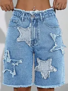 Women's Fashion Casual Ripped Denim Jean Mid-Thigh Pants Bottom, Trendy Design with Fuzzy Edges, Elastic Comfortable Fit New Style, Spring & Fall Women's Clothing Womenswear