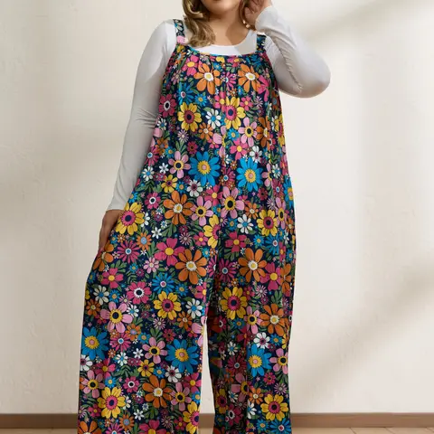 BloomChic Women's Plus Size Wide Leg Overalls Jumpsuit - Spandex Polka Dot Tie Neck, Flowy Floral Print, Breezy Sleeveless, Loose-Fitting, Side Pocket, Work-Ready Business Casual Summer Outfit, SohoChic