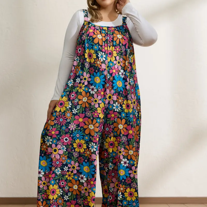 BloomChic Women's Plus Size Wide Leg Overalls Jumpsuit - Spandex Polka Dot Tie Neck, Flowy Floral Print, Breezy Sleeveless, Loose-Fitting, Side Pocket, Work-Ready Business Casual Summer Outfit, SohoChic