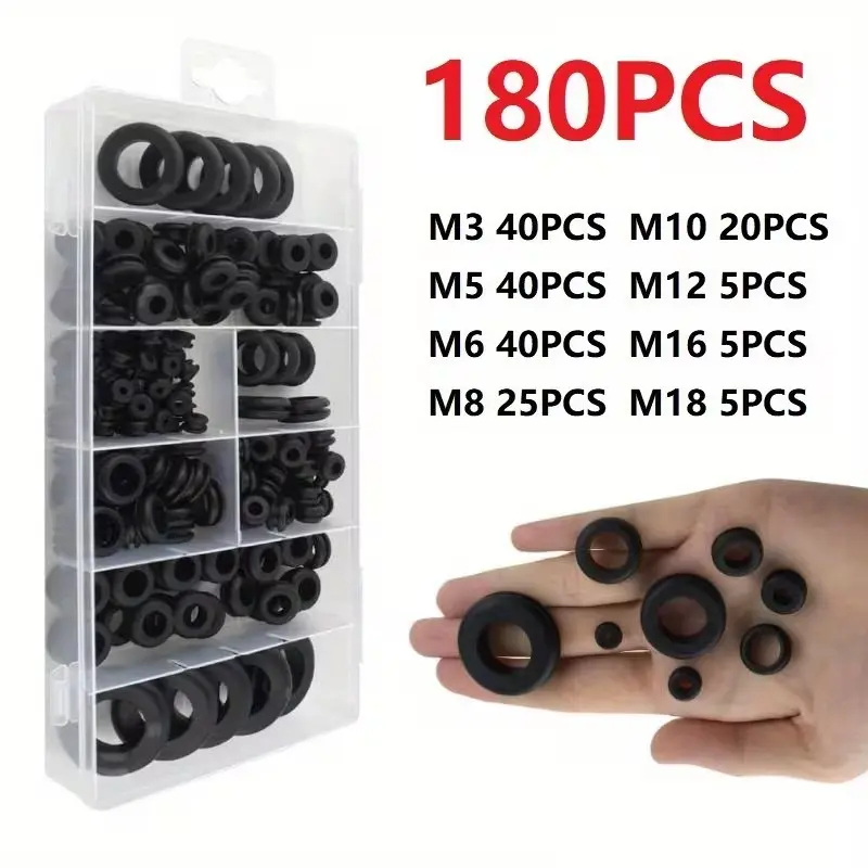 180pcs O-Ring Rubber Washer Seals Gasket Grommet Assortment Kit, Durable & Versatile Tool Set for Home Repair & DIY Projects, Clear Storage Box