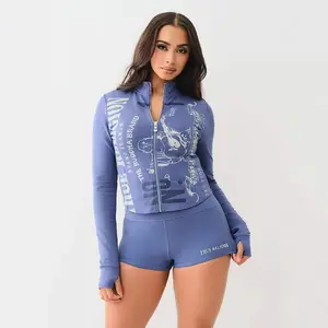 Fitness Women 2 Piece Set Zipper Fly Sweatshirt Skinny Biker Shorts Matching Set 2025 Summer Streetwear Sporty Workout Tracksuit